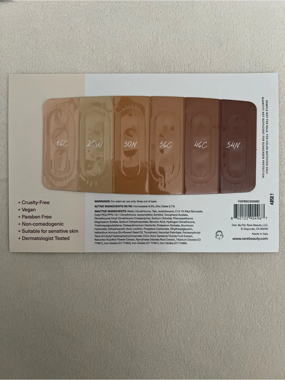 5 Piece Makeup Sample Cards (Dior, Ilia, Tarte, Bare Minerals, Rare Beauty)
